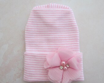 PREEMIE Hospital Hat: Pink and White Stripe, Light Pink Flower, Latex Free