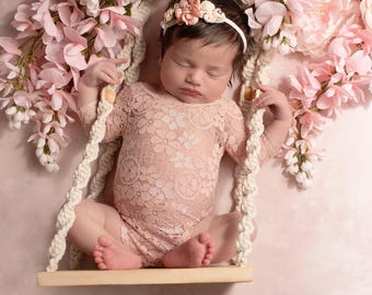 Dusty Rose newborn lace romper AND/OR matching headband, for newborn photos, fits 5.5-8.5 pounds, Lil Miss Sweet Pea