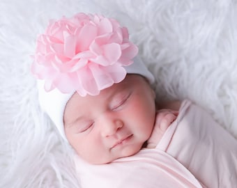 Newborn Hospital Hat, white with 4 inch pink or white chiffon flower, baby hat, infant, shower gift, Lil Miss Sweet Pea