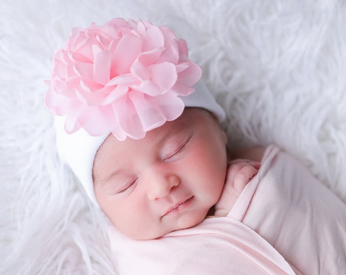 Featured listing image: Newborn Hospital Hat, white with 4 inch pink or white chiffon flower, baby hat, infant, shower gift, Lil Miss Sweet Pea