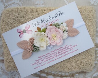 Linen Colored Knitted Swaddle AND/OR Couture Pink & Cream Mulberry Flower Headband, bandeau bebe, photographer headband,  Lil Miss Sweet Pea