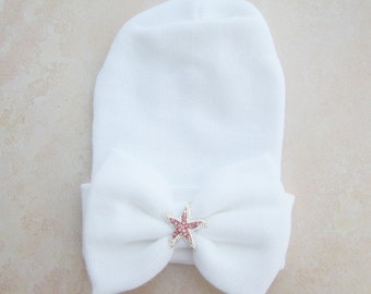 Newborn hospital hat, white with pink and silver starfish, latex free, take home outfit, baby beenie, round top hat, by Lil Miss Sweet Pea