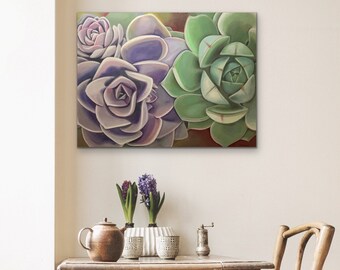 Echeveria Succulent Arrangement, Original Oil Painting By Melodia, Printed On Traditional Stretched Canvas, Living Room Wall Art, Botanical