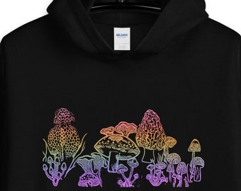 Mushrooms Unisex Hoodie, Sizes S- 5XL, Plus Sizing Available, Rainbow Ombre Style, Sublimation Print, Original Art by Melodia, Botanical