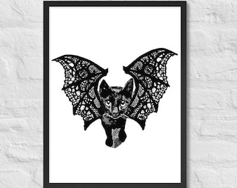 Kitty-Cat Bat Framed Poster, Art Print, Halloween Decor, Inktober, Black Cat, Bat, Lace, Boho, Eclectic, Wall Art