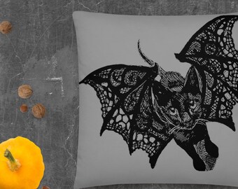 Kitty-Cat Bat Pillow, Original Drawing by Melodia, Halloween Decor, Cute, Artsy, Black Cat, Decoration, Lace Wings, Kitten Pillow