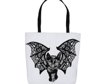 Kitty-Cat Bat Tote Bag, Trick Or Treating Bag, Halloween Candy Gift Bag, Black Cat, Kitten, Bat, Cat Lover Present