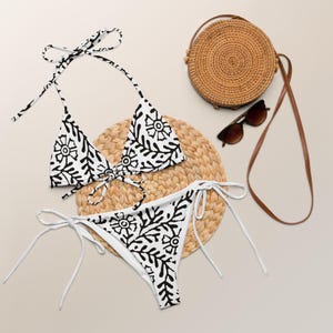 Flower & Vine Recycled String Bikini, Black and White