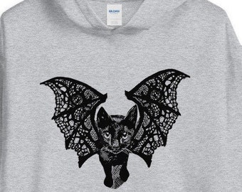 Kitty-Cat Bat Unisex Hoodie, Halloween Inspired, Inktober, Original Drawing by Melodia, Cute Kitten, Kitty, Black Cat, Bat