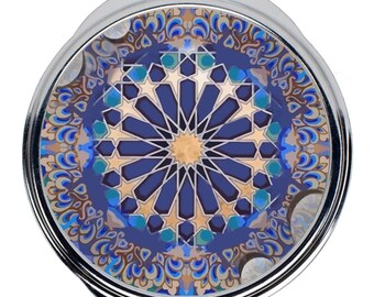 Blue Mandala Compact Mirror, Blue Vishuddha Chakra, Yogi,Gift,Boho,Tessellations, Stars, Sacred Geometry, Unique Gift, Personal Mirror