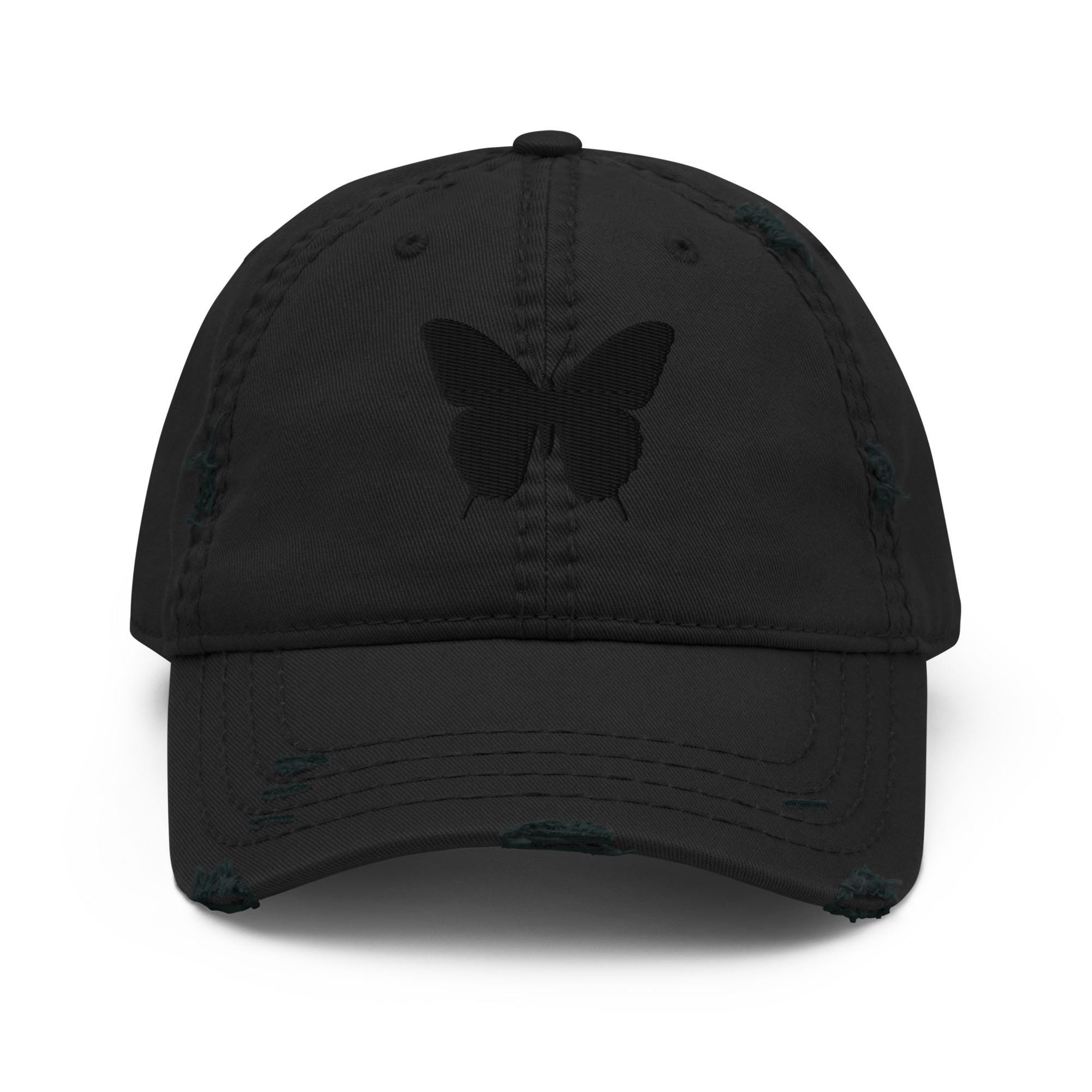 Black Butterfly Embroidered Distressed Dad Hat, Summer Hat, Sun Hat, Baseball Cap