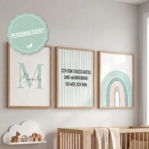 Personalisiertes Poster Set Kinderzimmer | 3er Set Babyzimmer Deko Mint Grün | Regenbogen, Name & Affirmation | Geschenk zur Geburt | modern