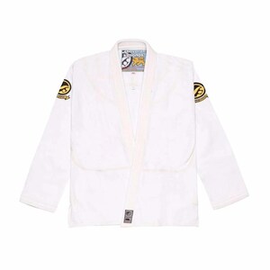 May include: A white martial arts gi, with a wrap-around design, collar, and long sleeves. It has patches with gold and black logos on the sleeves and a label at the neck. This gi is designed for martial arts training and competition.
