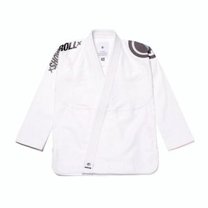 May include: White Jiu-Jitsu gi with the text "SHOWROLL" printed in grey on the left shoulder. The gi features a V-neck design and grey and black accents on the shoulder and sleeve cuffs. A minimalist design for martial arts.