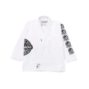 May include: White martial arts uniform with black logos. The uniform features the text "SHOYOROLL" on the collar and a large circular logo on the left side. The right sleeve has multiple smaller logos.