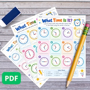 May include: Educational worksheet titled What Time Is It? featuring twelve numbered clock illustrations with blank lines for writing time, a word bank, and a yellow pencil with a pink eraser resting on top of the paper sheets.