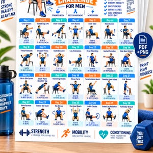Peut inclure: Un tableau de défi fitness de 28 jours présentant des illustrations d'exercices quotidiens avec des instructions pour des mouvements sur chaise. L'affiche inclut du texte comme 28 DAY CHALLENGE FOR MEN, SMALL STEPS BIG RESULTS et PDF + PNG.