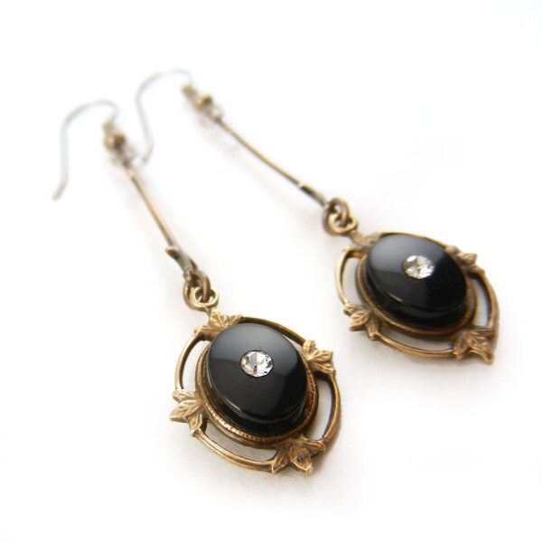 Black Art Nouveau Art Deco Earrings, Black Stone Diamond Jewels Antique Style Long Gold Brass Earrings