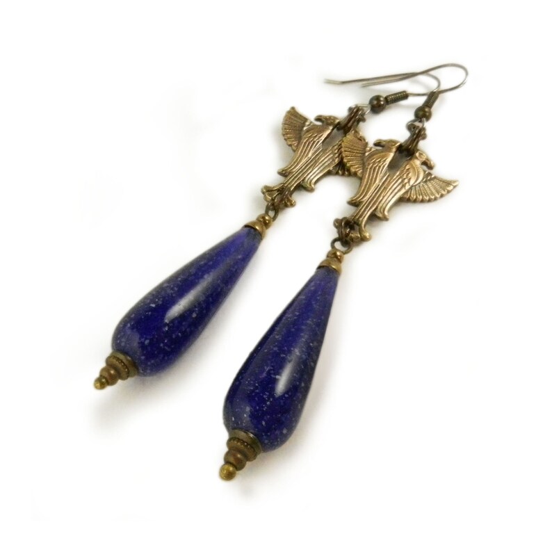 Egyptian Horus Earrings Egyptian Long Blue Drop Earrings Golden Egyptian Revival Jewelry