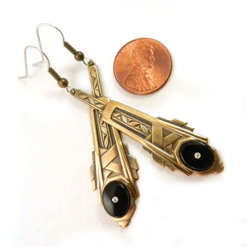 Long Vintage Style Art Deco Crystal Diamond Drop Earrings Art Deco Black Stone Earrings