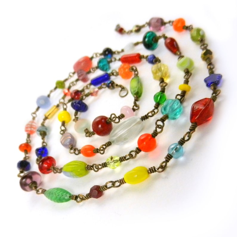 End of Day Necklace chain of beads Multicolored beaded chain boho handwired rainbow color necklace Long colorful bead necklace