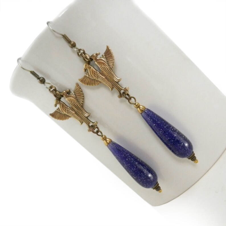 Egyptian Horus Earrings Egyptian Long Blue Drop Earrings Golden Egyptian Revival Jewelry