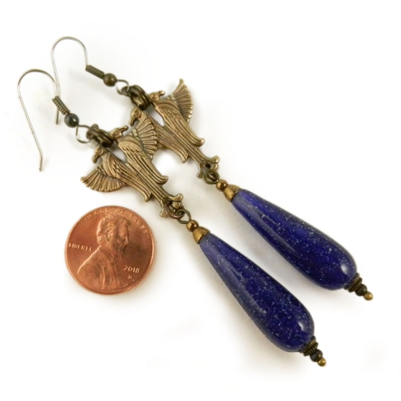 Egyptian Horus Earrings Egyptian Long Blue Drop Earrings Golden Egyptian Revival Jewelry