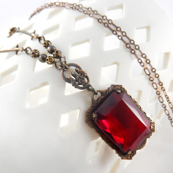 Red Jewel Necklace, Large Jewel, Ruby Red Stone, Picture Frame Necklace, Red Rhinestone, 1920's style, Flapper Necklace