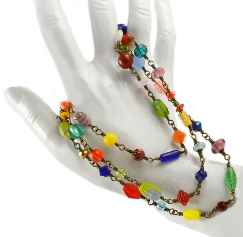 End of Day Necklace chain of beads Multicolored beaded chain boho handwired rainbow color necklace Long colorful bead necklace