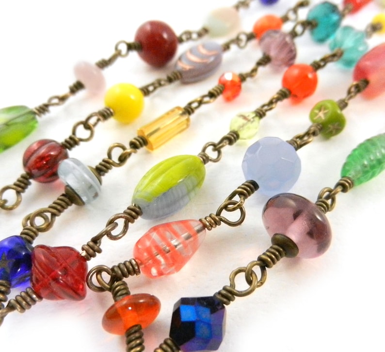 End of Day Necklace chain of beads Multicolored beaded chain boho handwired rainbow color necklace Long colorful bead necklace