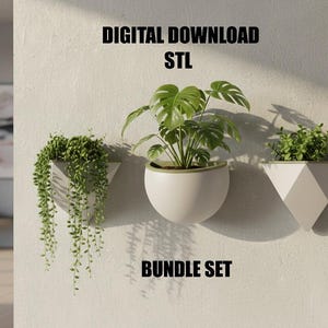 May include: Three modern wall planters with greenery. The planters are white and geometric, with a round and two triangular shapes. The plants include a Monstera and trailing vines. Text on the image reads "DIGITAL DOWNLOAD STL BUNDLE SET."