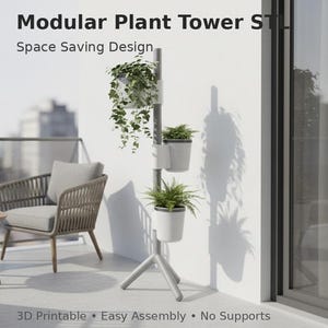 Puede incluir: Una torre modular para plantas gris con tres macetas blancas, cada una con plantas verdes. La torre tiene una base de trípode. El texto de la imagen dice "Modular Plant Tower STL" y "Space Saving Design". Texto adicional: "3D Printable • Easy Assembly • No Supports".