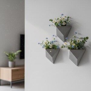 May include: Three gray, geometric wall planters, each filled with small white and blue flowers and greenery. The planters are mounted on a white wall, creating a modern, minimalist aesthetic. The arrangement adds a touch of nature to the interior space.