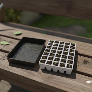 May include: A gardening scene featuring a black plastic tray and a white seedling tray filled with soil and small plants. The trays sit on a wooden bench next to a watering can. The image includes the text "DIGITAL DOWNLOAD STL".