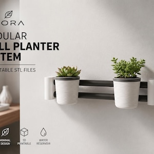 May include: A modular wall planter system with two white planters holding small green plants. The planters are attached to a dark grey horizontal bar. The text "NIVORA MODULAR WALL PLANTER SYSTEM" is at the top.