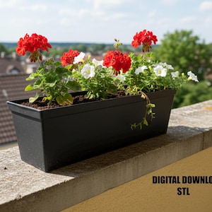 Könnte beinhalten: Ein schwarzer, rechteckiger Pflanzkasten mit roten und weißen Blumen steht auf einer Betonleiste. Die Blumen blühen in voller Blüte, mit grünem Laub. Der Hintergrund zeigt eine Stadtlandschaft und einen blauen Himmel. Text auf der Leiste: "DIGITAL DOWNLOAD STL".