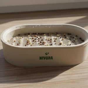 Pode incluir: Uma bandeja de germinação bege, em forma oval, com uma inserção ranhurada, cheia de sementes. A bandeja tem bordas arredondadas e a palavra "NIVORA" em verde. Está sobre uma superfície de madeira clara.