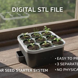 Könnte beinhalten: Ein schwarz-weißes modulares Anzuchtsystem mit neun kleinen Töpfen, die mit Erde und Setzlingen gefüllt sind. Der Text lautet "DIGITAL STL FILE" und "MODULAR SEED STARTER SYSTEM". Außerdem steht dort "EASY TO PRINT", "3 SEPARATE PARTS" und "NO PHYSICAL ITEM".