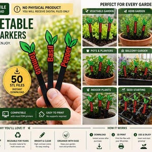 Pode incluir: Um conjunto de download digital de 50 marcadores de vegetais e frutas para impressão 3D. Os marcadores são pretos com pontas de folhas verdes e etiquetas de texto vermelho para identificação de plantas. A imagem mostra exemplos em vasos.