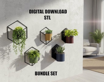 Puede incluir: Un conjunto de soportes de pared para plantas. La imagen muestra cinco marcos geométricos negros, cada uno con una planta en maceta diferente. Las macetas son de varios colores, incluyendo amarillo, verde y azul. Se muestra el texto "DIGITAL DOWNLOAD STL" y "BUNDLE SET".