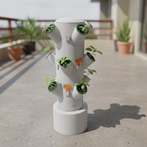 May include: A white vertical garden tower with multiple angled planters, each holding small green plants. The tower has orange and gray accents and sits on a white base. The background shows a balcony with potted plants.