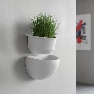 Könnte beinhalten: Zweiteilige weiße Wandpflanzgefäße. Das obere Pflanzgefäß enthält grünes Gras. Das untere Pflanzgefäß hat eine passende, leere, halbkreisförmige Form. Die Pflanzgefäße sind an einer weißen Wand montiert. Das Gesamtthema ist die Inneneinrichtung.