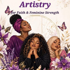 May include: A book cover titled 41 Days of Devotions Healing Her Artistry for Faith & Feminine Strength by Alice R. Tillman. It features three individuals with closed eyes surrounded by purple flowers, lavender, and butterflies on a cream background.