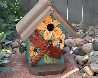 Rustic Birdhouse, Cast Iron Dragonfly, Functional Bird House, Outdoor Birdhouse, Bird House, Hand Painted Flowers, Artistic Birdhouse