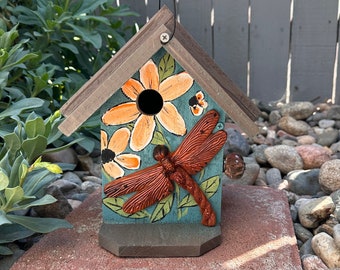 Rustic Birdhouse, Cast Iron Dragonfly, Functional Bird House, Outdoor Birdhouse, Bird House, Hand Painted Flowers, Artistic Birdhouse