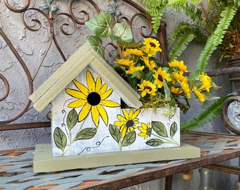 Rustic Birdhouse, Bird House, Cedar Wooden Birdhouse, Mother's Day Gift, Patio Home Décor Birdhouse, Sunflower Arrangement Flowers,