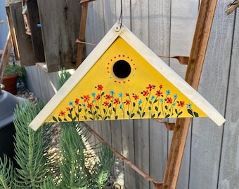 Birdhouse, Outdoor Garden Yard Art, Songbirds Nesting Box, Hand Painted, Handmade Triangle Hanging Bird House, Functional Birds House