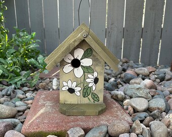 Hand Painted Birdhouse Garden Art, Functional Bird House, Outdoor Birdhouse, Hanging Bird House, Sage Green Birdhouse