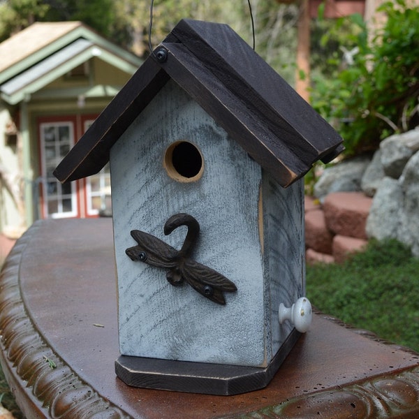 Rustic Handmade Birdhouse - Country Living - Home Garden - Wildlife Habitat - Dragonfly Hook - Decorative Yard Birdhouses - Gardening Supply