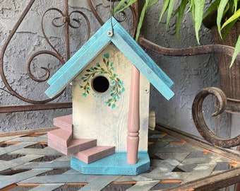 Rustic Birdhouse, Hand Painted Functional Bird House, Handmade Outdoor Birdhouse, Bird House, Hanging Artistic Birdhouse Garden Art